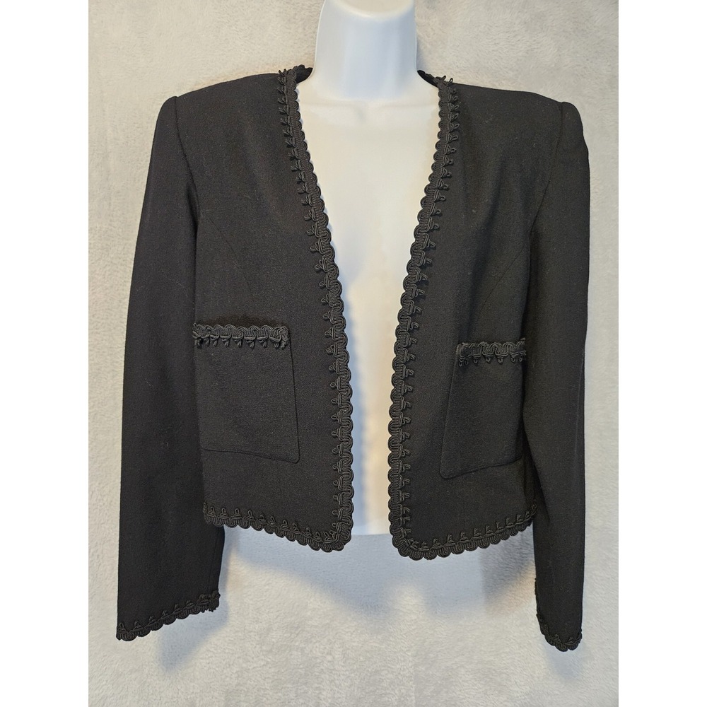 Vintage Liancarlo Black 100%‎ Wool Short Cropped Jacket Size 8 Open Front Neiman